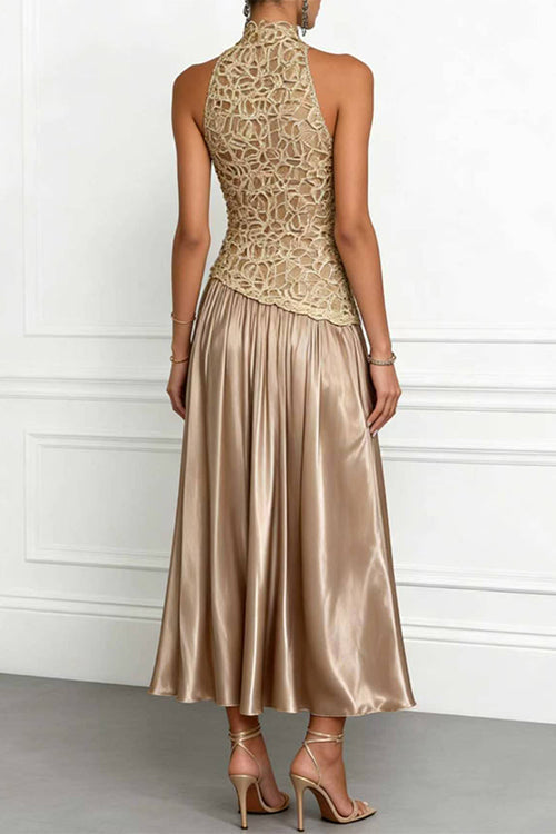 Mockneck Sleeveless Lace Splice Satin Maxi Dress