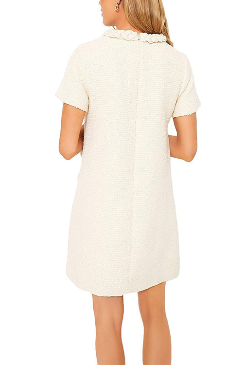 Elegant Crewneck Short Sleeves Buttons Tweed Dress