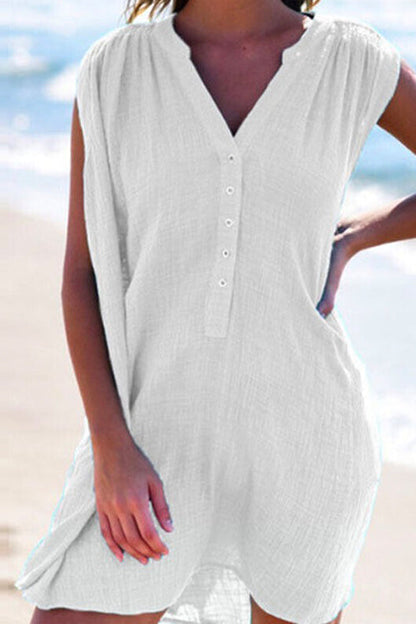 Buttons V Neck Sleeveless Ruched Beach Dress White