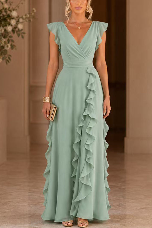 V Neck High Waist Solid Ruffle Maxi Dress