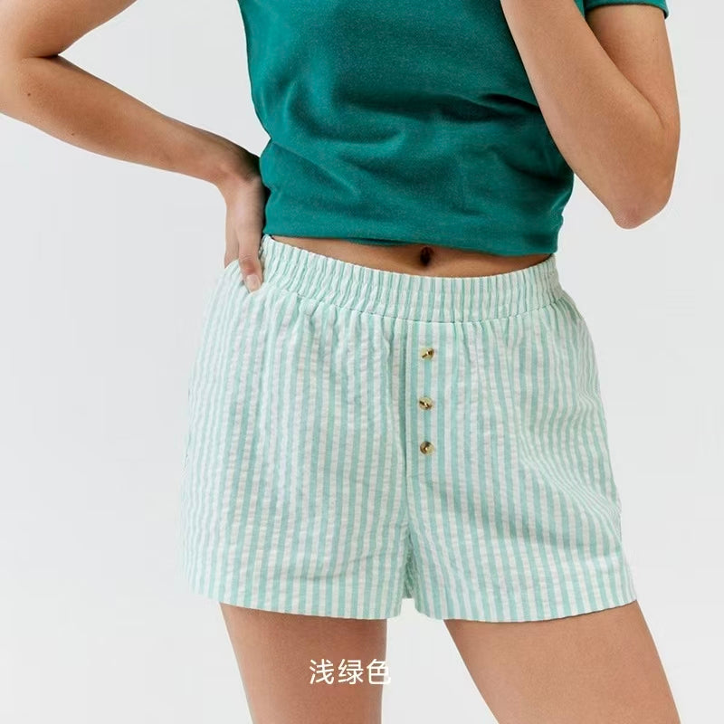 Elastic Waist Buttons Detail Striped Shorts