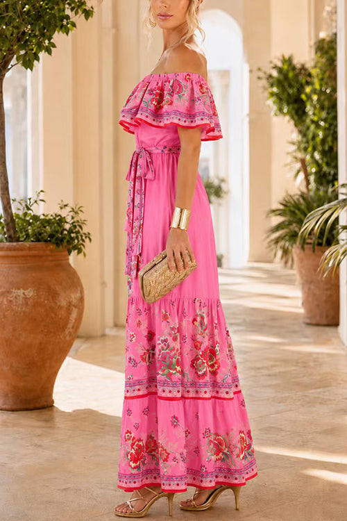Off Shoulder Floral Print Ruffle Tiered Maxi Dress