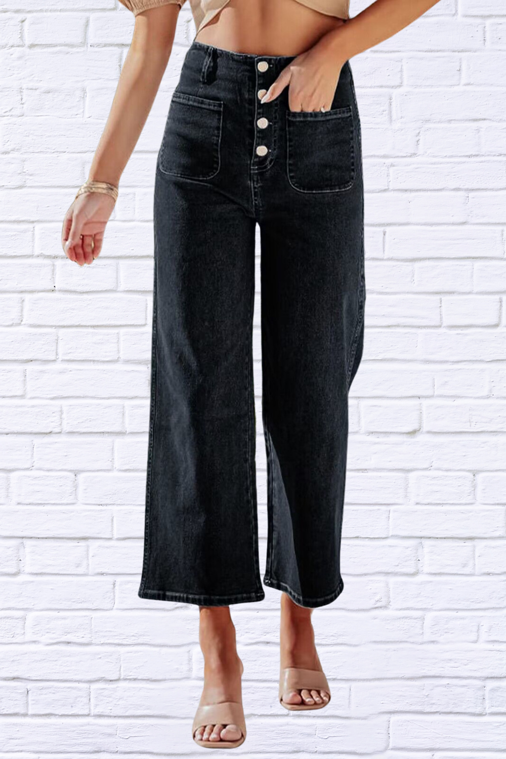 Button Fly Cropped Wide Leg Jeans Black