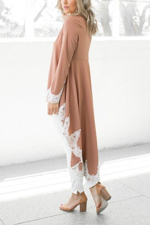 Long Sleeves High Low Hem Lace Trim Blouse Top