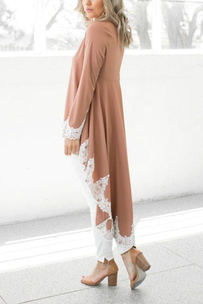 Long Sleeves High Low Hem Lace Trim Blouse Top