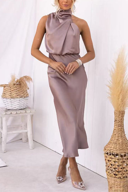 High Neck Zipper Back Waisted Satin Midi Dress