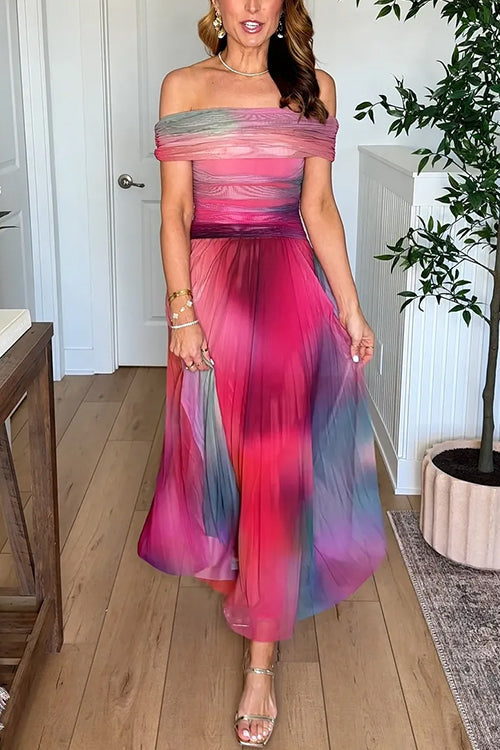 Off Shoulder Sunset Gradient Pleated Maxi Dress