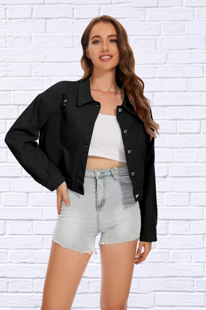 Distressed Distressed Button Up Denim Jacket Black