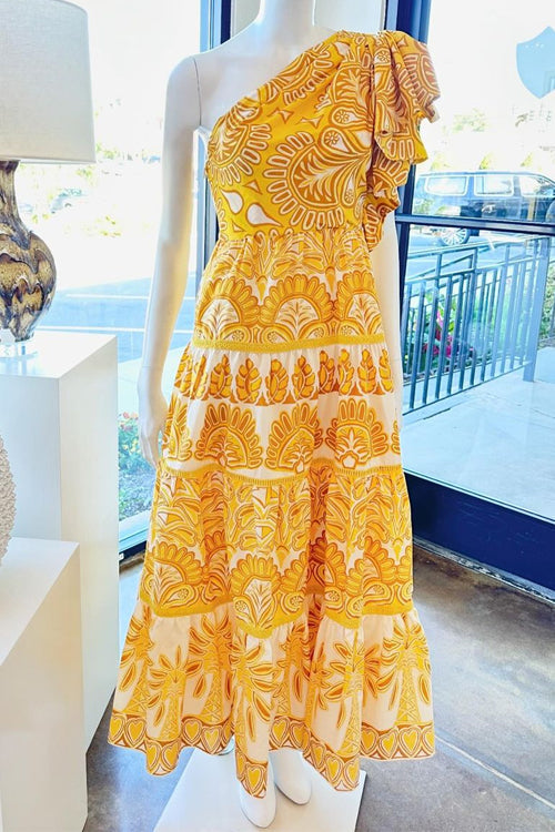 One Shoulder Flutter Sleeve Tiered Printed Maxi Dress