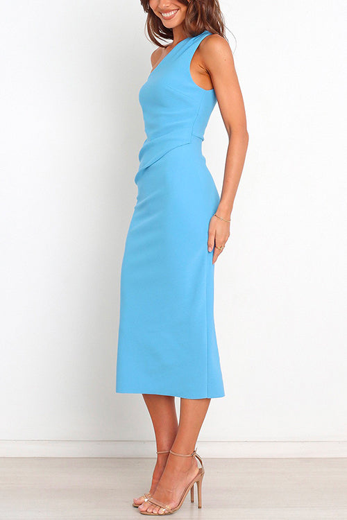 One Shoulder Sleeveless Side Split Ruched Midi Dress