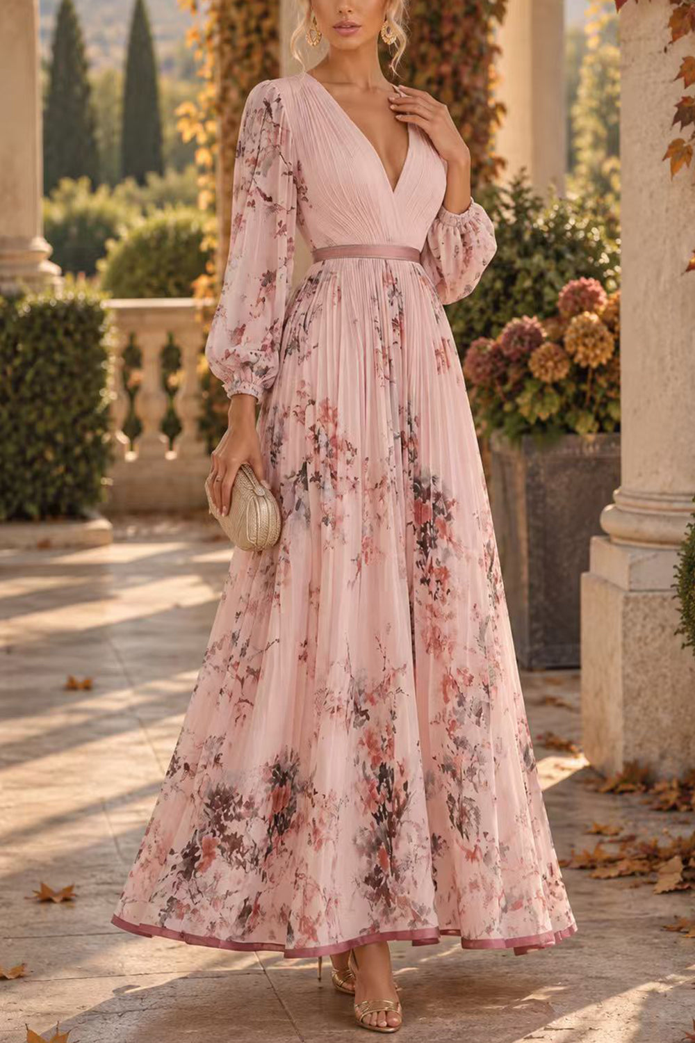 V Neck Lantern Long Sleeves Floral Print Pleated Maxi Dress (A)