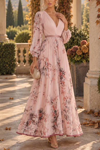 V Neck Lantern Long Sleeves Floral Print Pleated Maxi Dress (A)