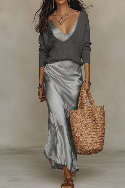 V Neck Drop Shoulder Sweater and Satin Maxi Cami Dress Set (E)