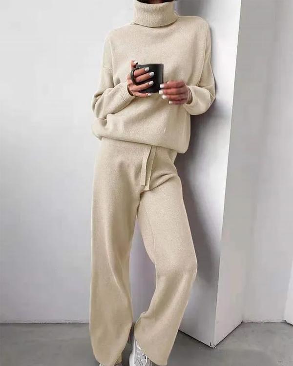 Clidress Turtleneck Sweater Knit Pants 2 Pieces Set