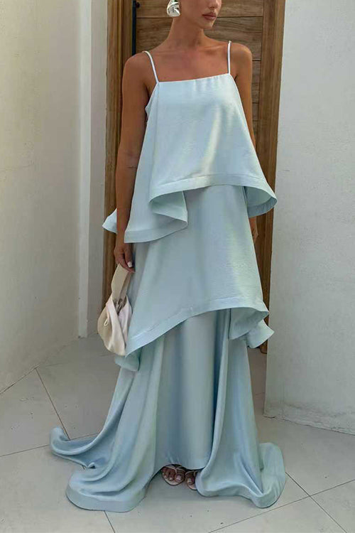 Spaghetti Strap Ruffle Layered Satin Maxi Dress