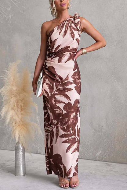 Tie Knot One Shoulder Sleeveless Floral Print Maxi Dress