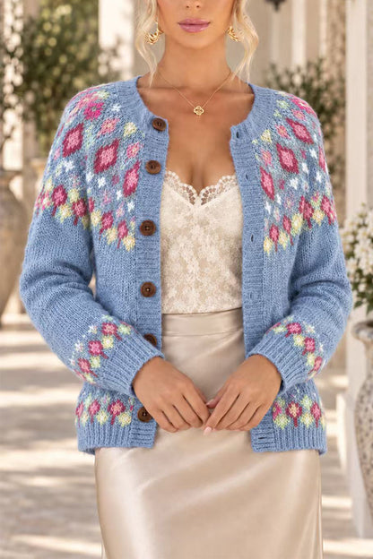 Button Down Printed Sweater Cardigan