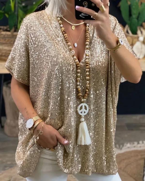 Clidress Graceful V Neck Sequin Loose Top