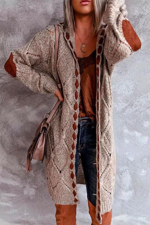 Elbow Patch Color Block Hoodied Midi Cardigan