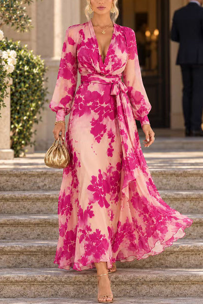 V-Neck Long Sleeve Floral Print Maxi Dress