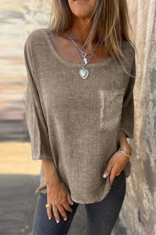 3/4 Sleeves Pocketed Cotton Linen Casual T-shirt