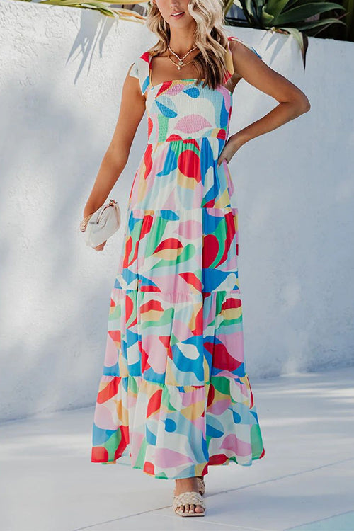 Bow Shoulder Ruffle Tiered Printed Flowy Maxi Cami Dress Print