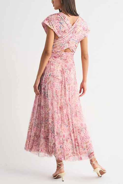 Halter V Neck Floral Print Maxi Dress