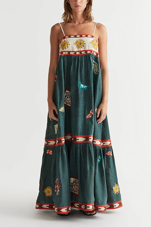 Spaghetti Strap Backless Printed Swing Maxi Sun Dress Green