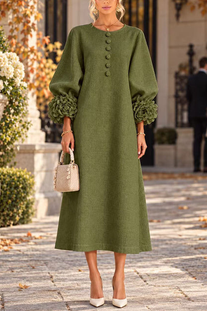 Floral Applique Puff Sleeve A-Line Midi Dress