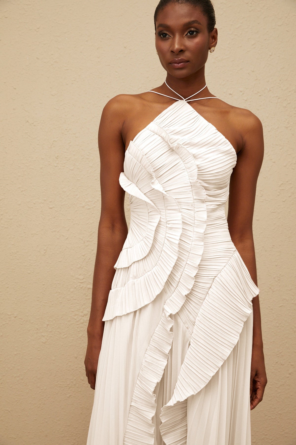 Doux White Ruffled Trim Pleated Midi Dress