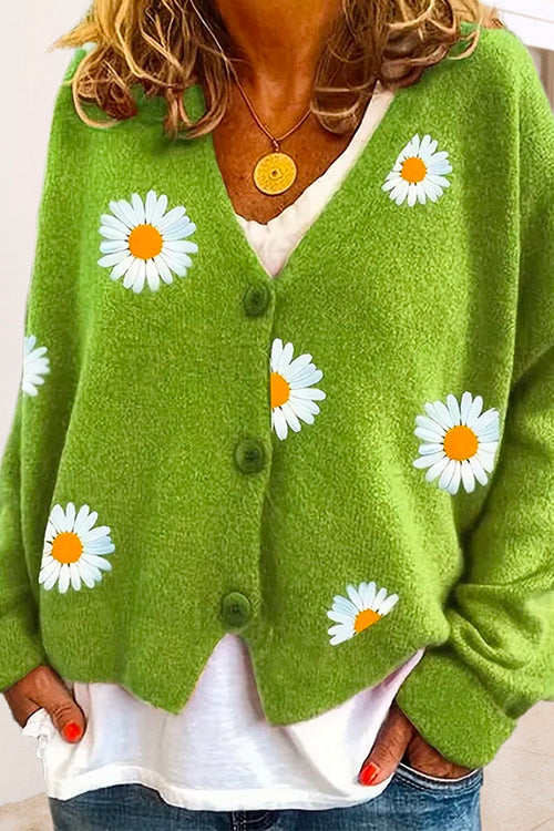 V Neck Button Up Daisy Embroidery Sweater Cardigan Green