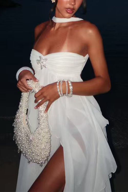 Sleeveless Open Back Ruffle Trim Slit Maxi Dress