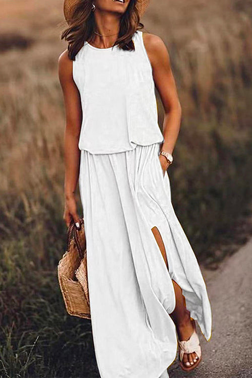 Sleeveless Waisted Slit Maxi Tank Dress White