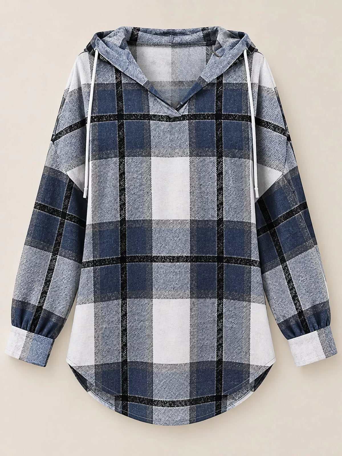 Plaid Long Sleeve Hoodie with Drawstring