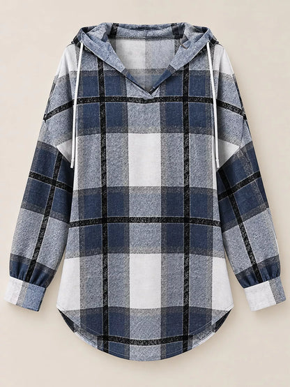 Plaid Long Sleeve Hoodie with Drawstring