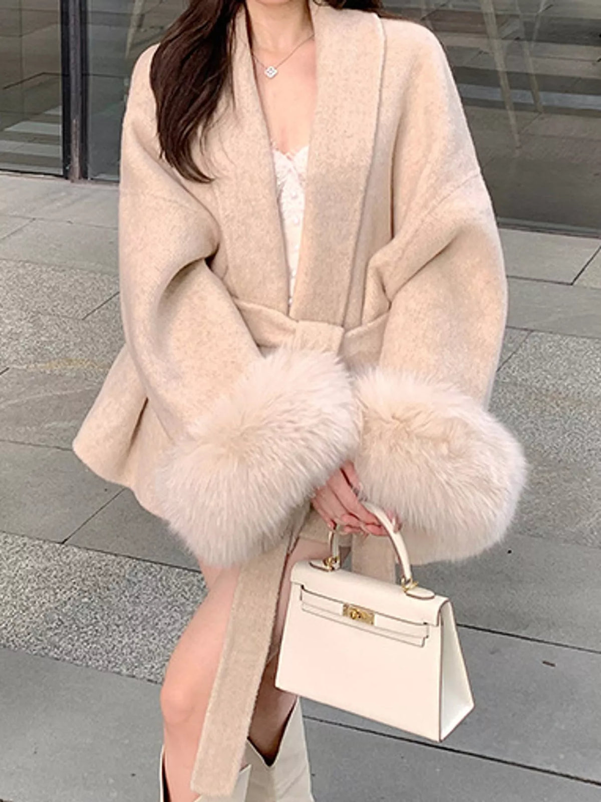 Waist Tie Outerwear with Faux Fur Cuffs