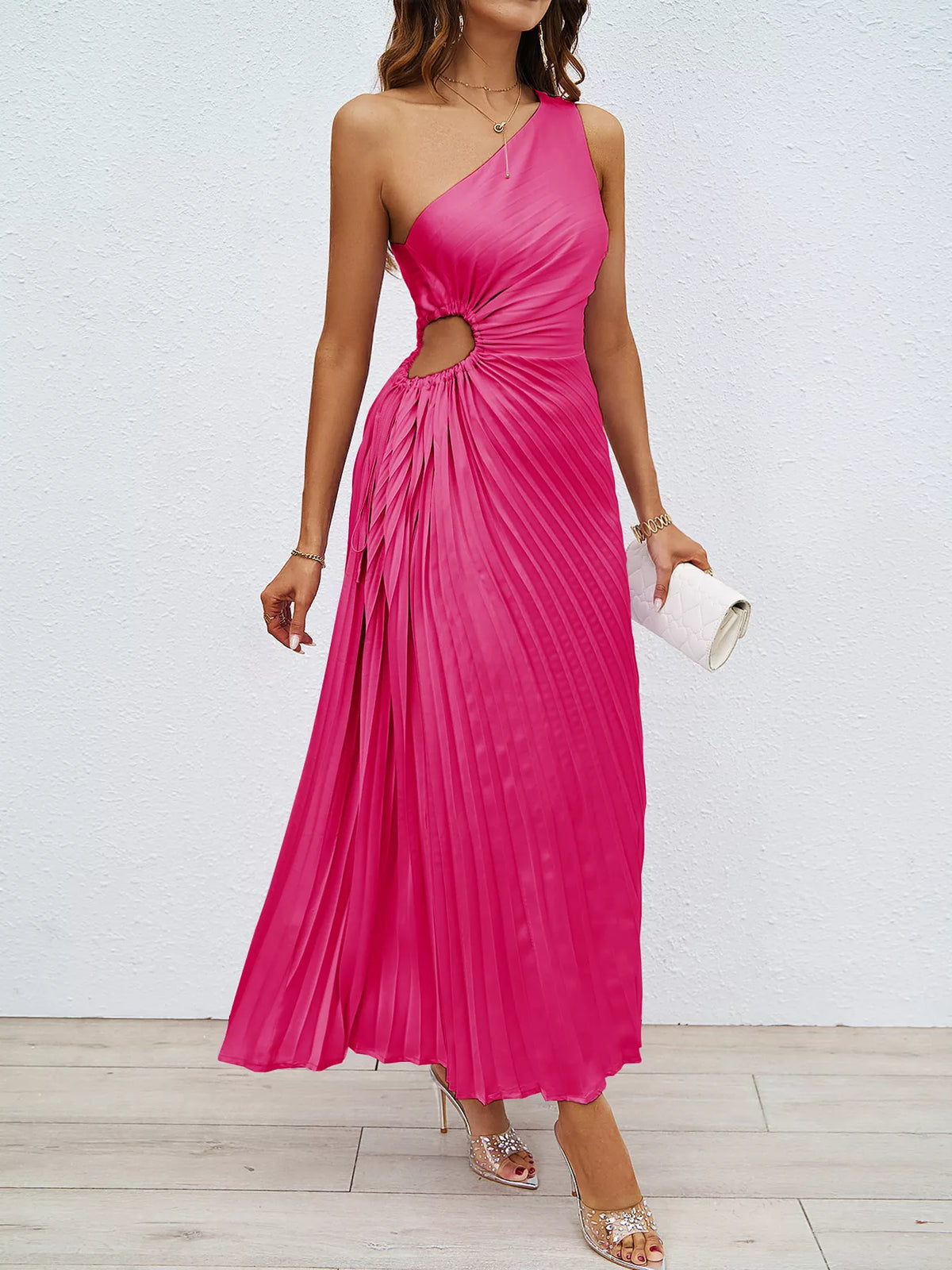 One-Shoulder Cutout Pleated Midi Dress