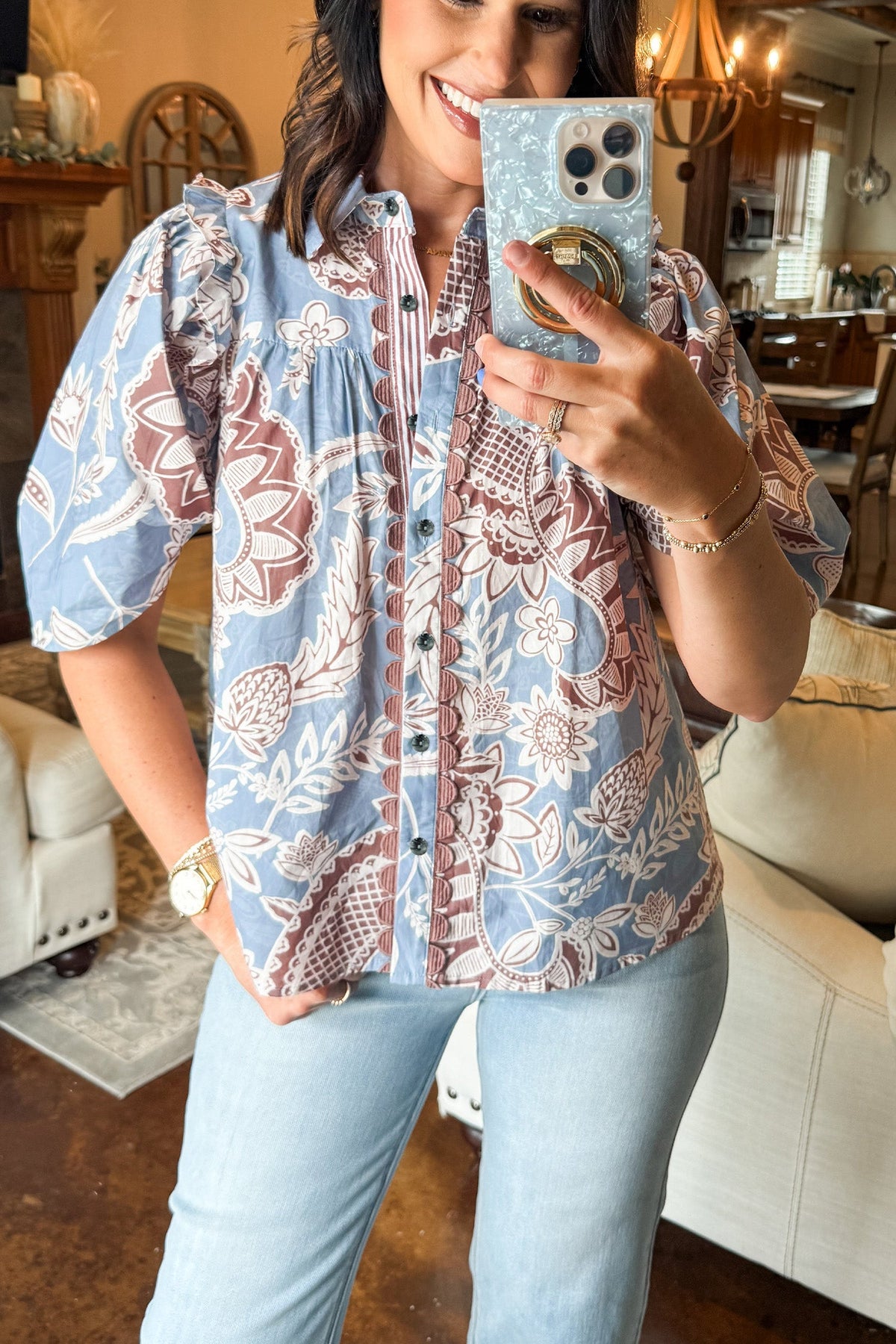 Sky Blue Boho Floral Print Scalloped Trim Button Down Short Sleeve Shirt