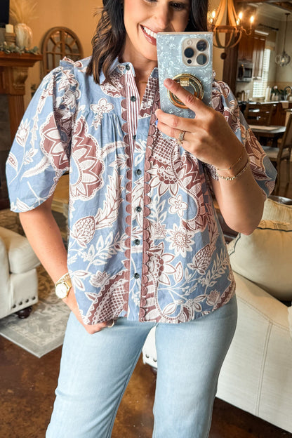 Sky Blue Boho Floral Print Scalloped Trim Button Down Short Sleeve Shirt