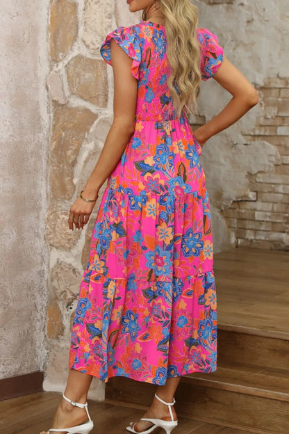 Boho Floral V Neck Ruffle Tiered Dress