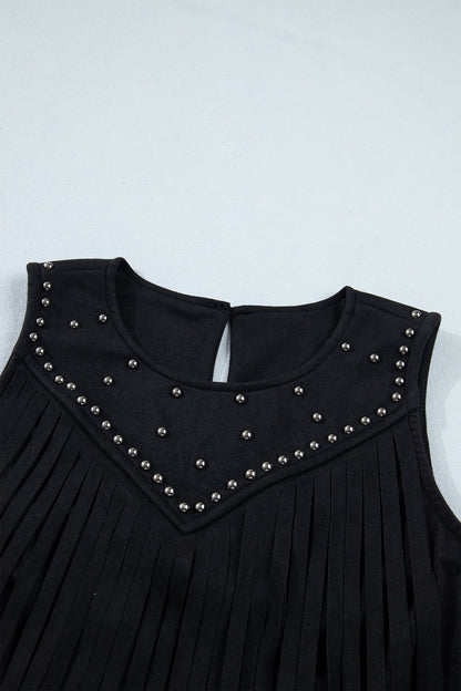 Black Western Fringe Rivet Paneling Bust Sleeveless Top