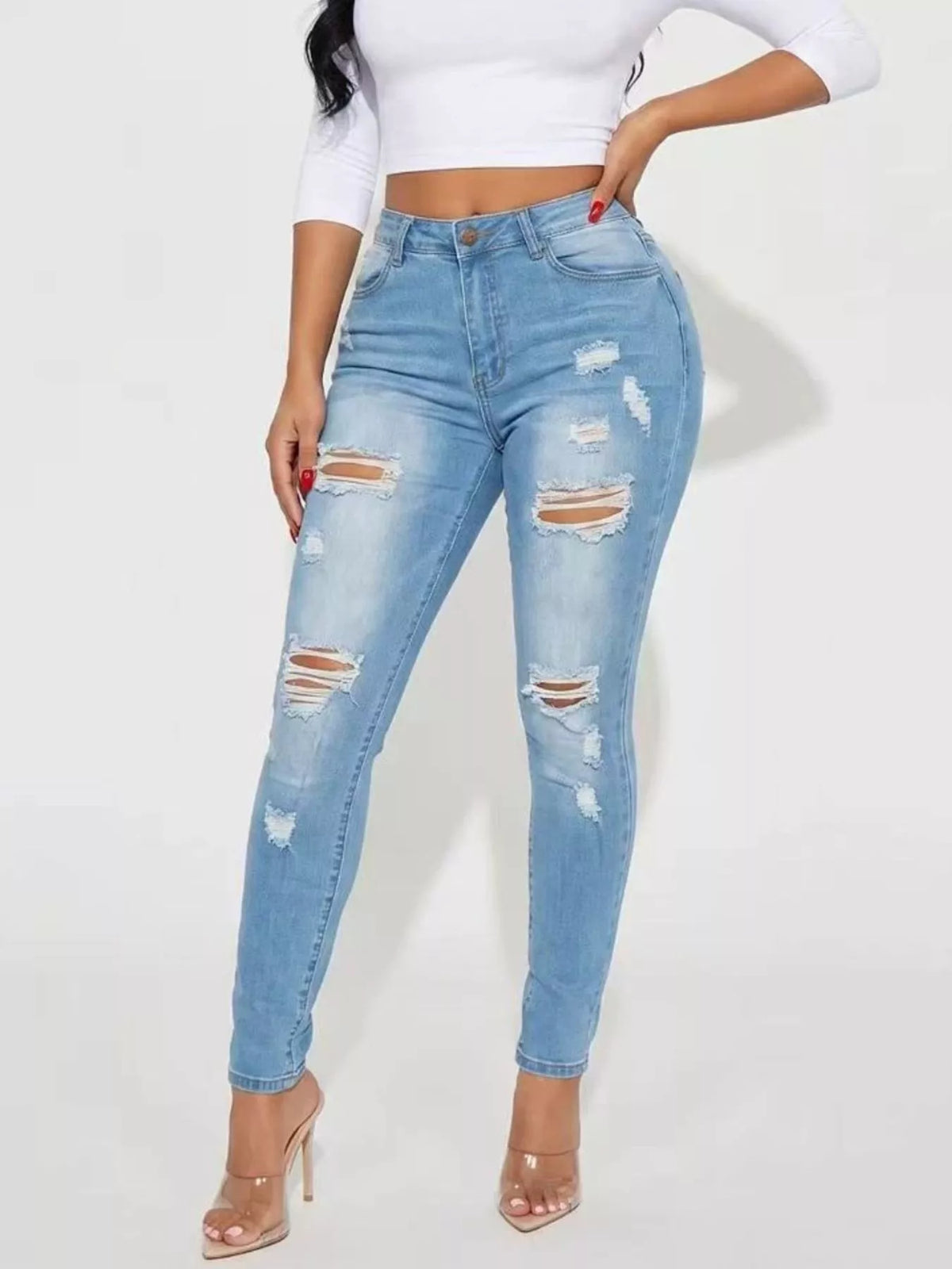 High-Waisted Distressed Skinny Jeans