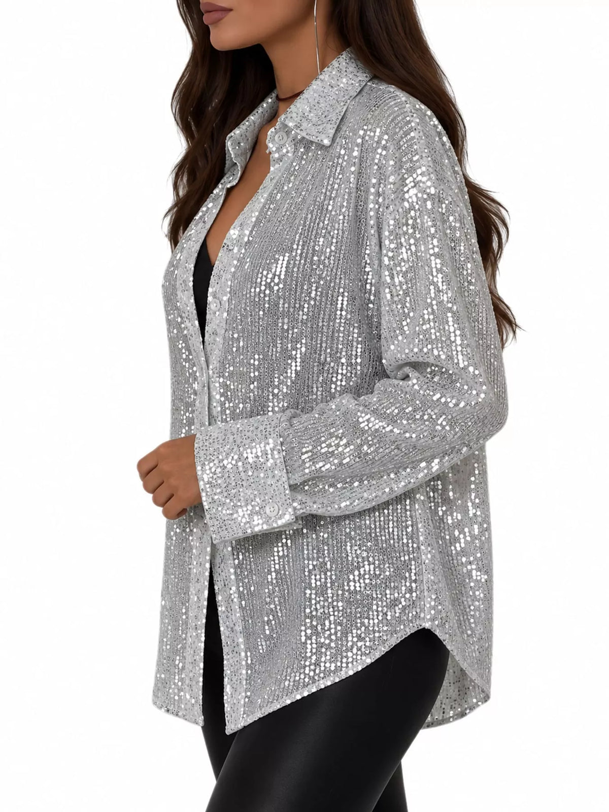 Full Size Sequin Button Up Long Sleeve Shirt Plus Size