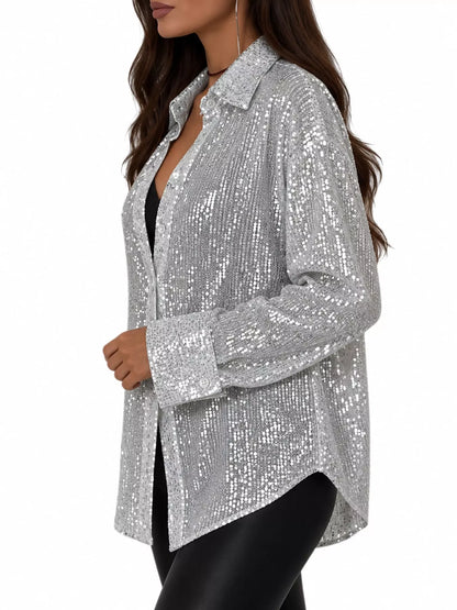 Full Size Sequin Button Up Long Sleeve Shirt Plus Size