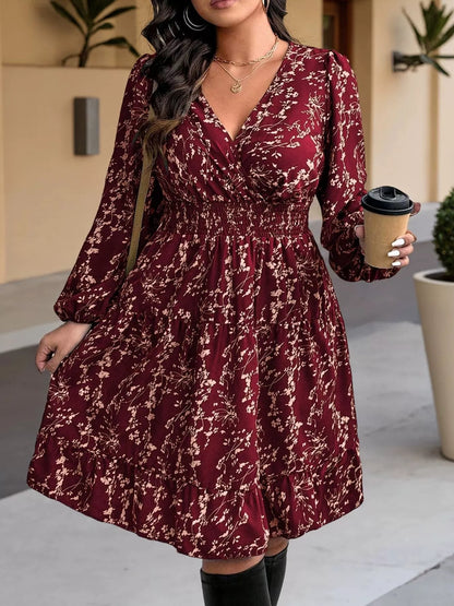 Full Size Floral Print Smocked Waist Long Sleeve Mini Dress Plus Size