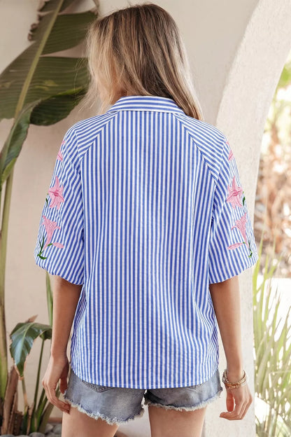 Striped Floral Embroidered Puff Sleeve Button Down Shirt