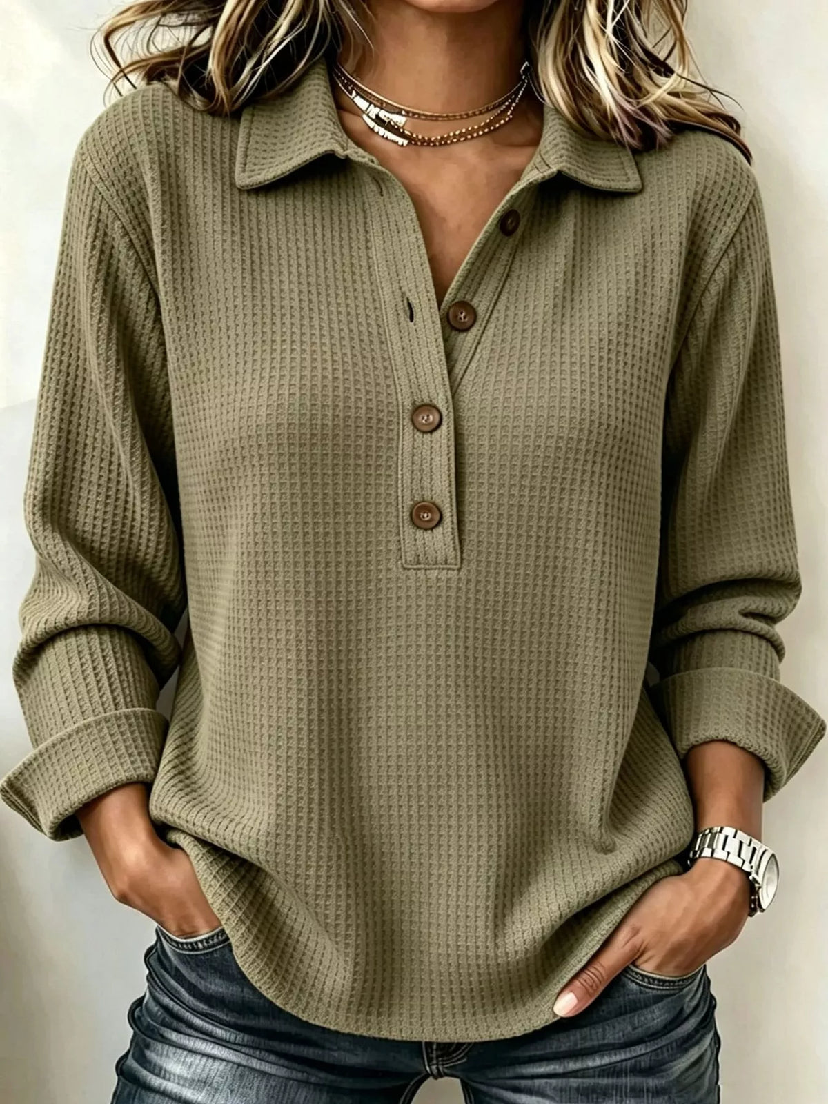Full Size Waffle Knit Long Sleeve Polo Top Plus Size