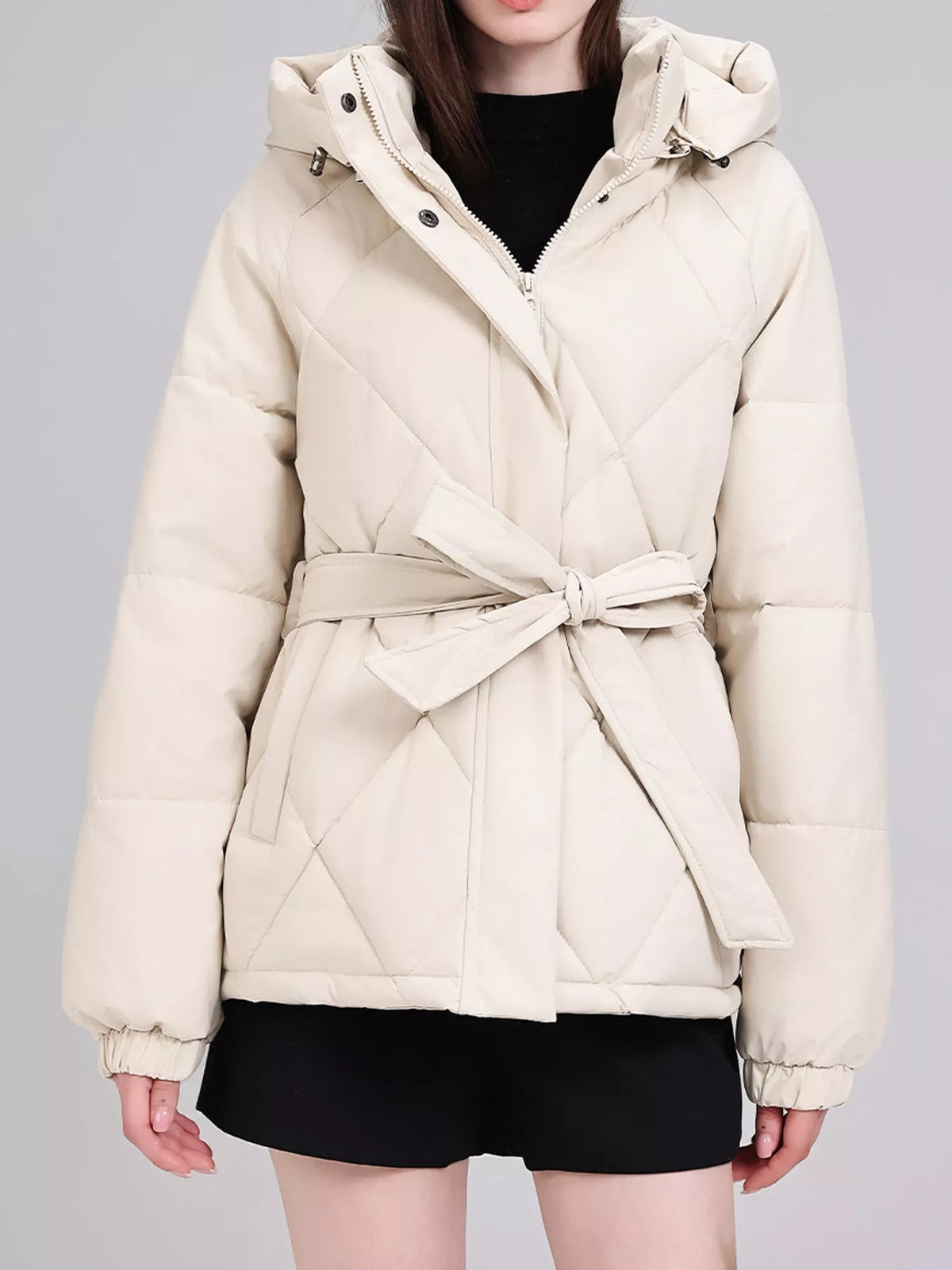 Quilted Waist Belt Hooded Puffer Outerwear