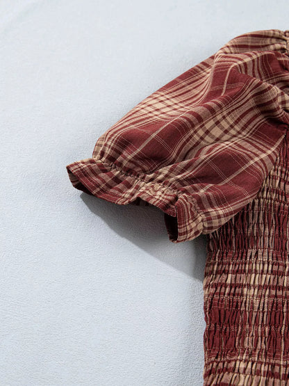 Plaid Knot Front Smocked High Waist Midi Dress