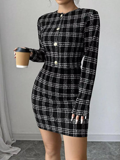 Plaid Tweed Crop Outerwear and Bodycon Mini Dress Two-Piece Set